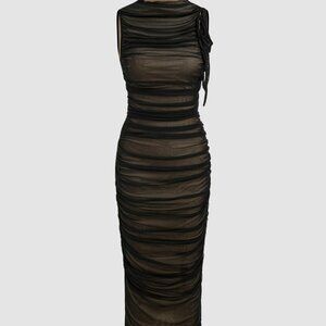 CIDER Mesh Ruched High Neck Midi Dress